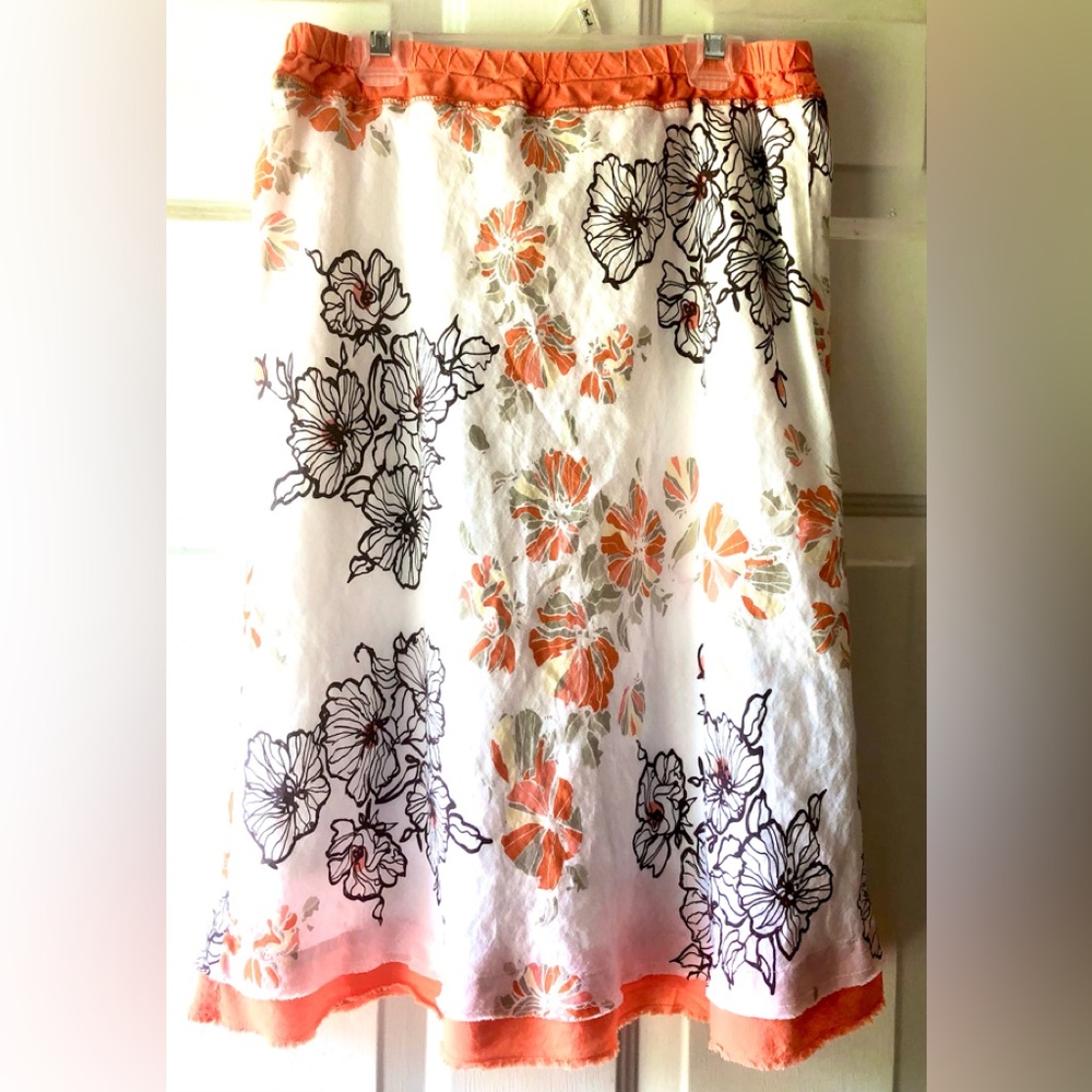 TSD Two Star Dog White Orange Brown Sage Floral Shabby Hem A-Line Skirt Size XS
